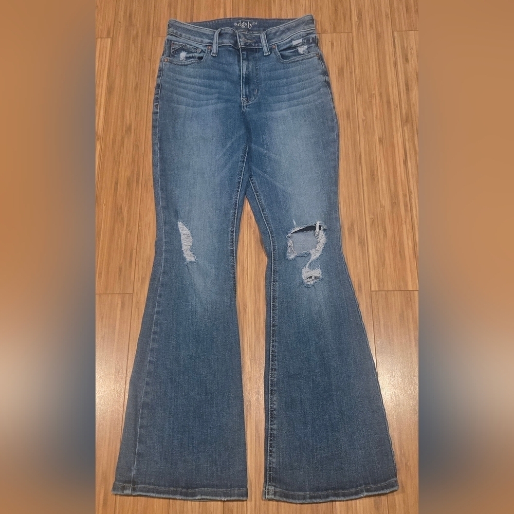 Edgely Distressed Flare Jeans in Light Blue